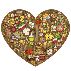 Set of Italian food cartoon doodle objects, symbols and items