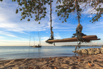 Swing hang from coconut tree over beach,Bangsaen Thailand.