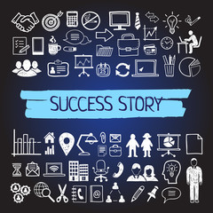 Success business infographic illustrations and business icons. Hand drawn icons for office, work, finance. Infographic elements