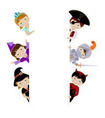 Cute kids in fancy costumes behind placard