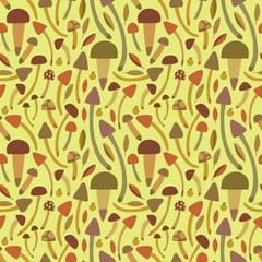 Set of different mushrooms. Colorful Vector seamless pattern.