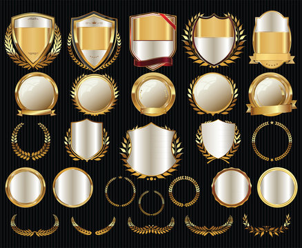 Golden shields laurel wreaths and badges collection