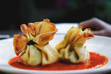 High cuisine. Tomato sauce spring roll cheese and spinach sackfull