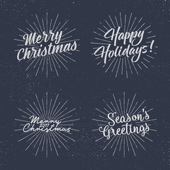 Set of Christmas lettering, wishes and vintage labels. Season's greetings calligraphy. Holiday typography design. Vector texts. Letters composition with sun bursts and halftone texture