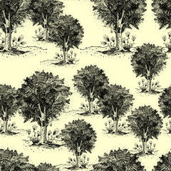 Fototapeta premium Vintage seamless pattern with a picture of the tree, group of plants, illustration made in graphics, black liner, ink. For a different design