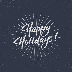Fototapeta na wymiar Happy Holidays text and lettering. Holiday typography Vector Illustration. design. Letters with sun bursts and halftone texture. Use as photo overlay, place to cards, print on t shirt, tee design