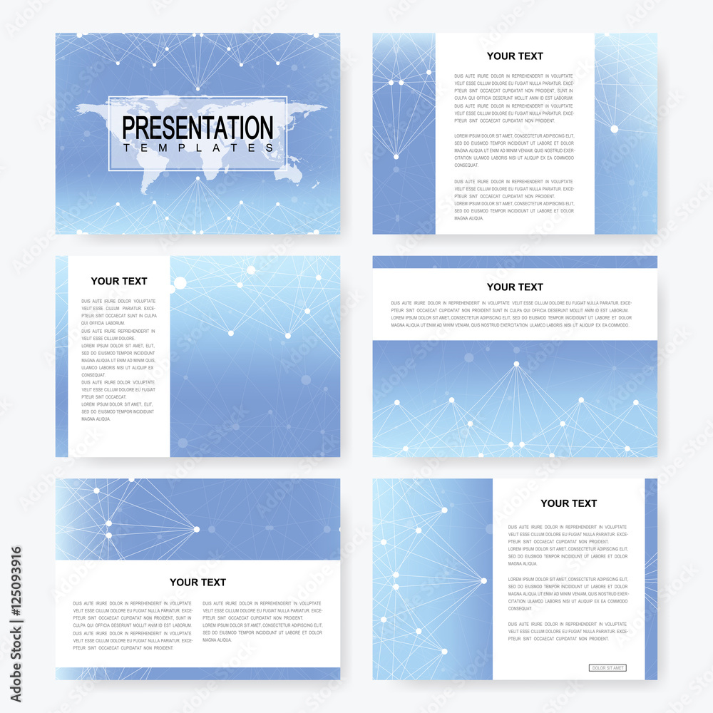 Aufkleber set of vector templates for presentation slides with world map. brochure, leaflet, flyer, cover maga