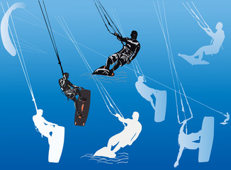 group of windsurfers on blue background