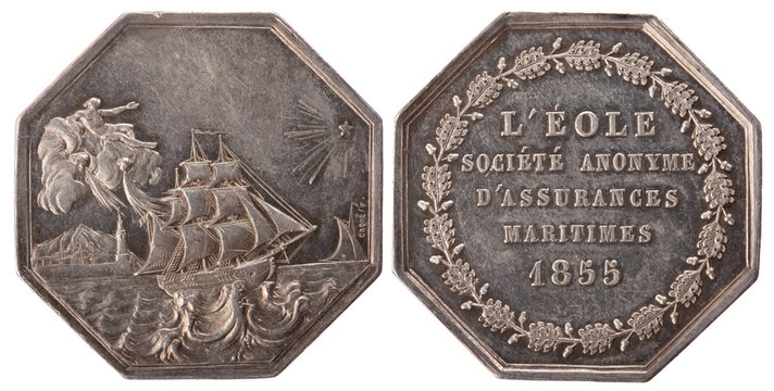 Silvers token, Paris marine insurance company "Eol". France, Napoleon III, 1855, isolated on white