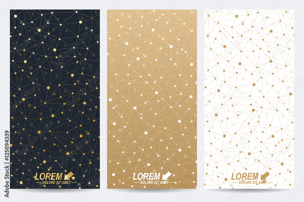 Aufkleber Modern golden set of vector flyers. Modern stylish polygonal pattern with connected line and dots. Molecule and communication background for medicine, science, technology, chemistry.