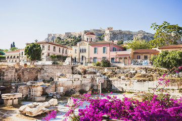 Oud Griekenland, detail van oude straat, Plaka-district, Athene, Griekenland. Reizen, toeristische bestemming, vakanties concept