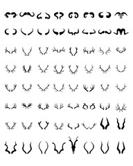 Black silhouettes of different  horns on a white background
