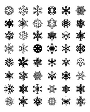 Set of different black snowflakes on a white background