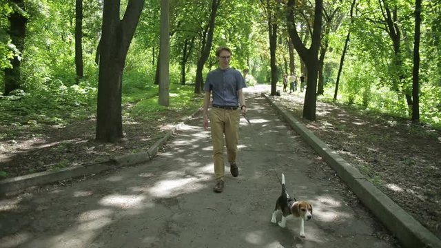 Young man walking with his dog in summer park. Man pats the dog in the forest.