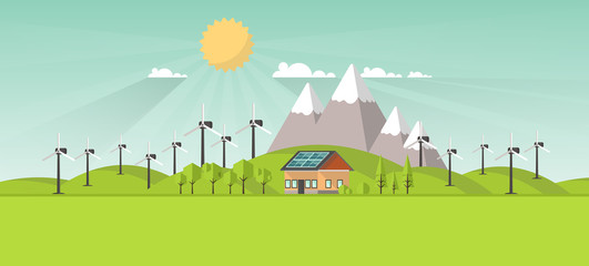 Eco Landscape Flat Design. Eco concept. Illustration of solar panel, with wind turbines. Renewable energy vector.