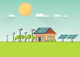 Eco Landscape Flat Design. Eco concept. Illustration of solar panel, with wind turbines. Renewable energy vector.

