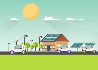 Eco Landscape Flat Design. Eco concept. Illustration of solar panel, with wind turbines and electric car. Renewable energy vector.

