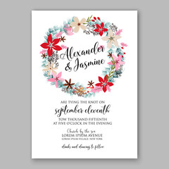 Merry Christmas party invitation with winter wreath. Pine, poinsettia Wedding Invitation Bridal shower invitation Baby Shower template card