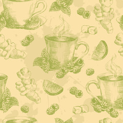 Cup of green tea with ginger mint and lemon seamless. Seamless pattern with graphic hand drawn cups of tea in green colors. Vector illustration