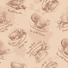 Hand drawn cup of tea seamless. Seamless pattern with graphic hand drawn cups of tea in brown colors. Vector illustration