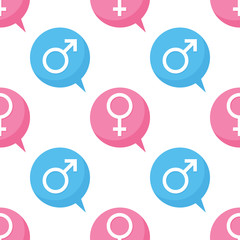 Flat design male and female gender icons seamless pattern background.