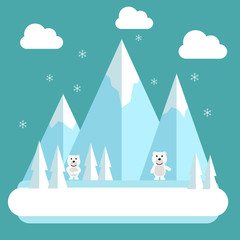 Winter polar flat landscape. Mountain resort concept scene. Winter time landscape in flat design with polar bears, mountains, trees and snow. Snow time landscape.