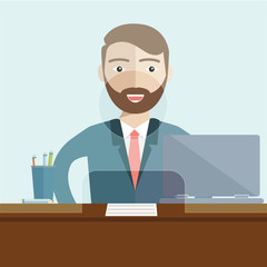 Man clerk in a bank office. Flat vector.