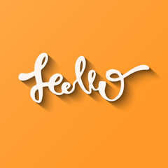 Hello - Hand drawn lettering for greeting card. yellow background. Shadow effect