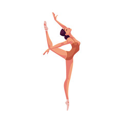 Young beautiful dancer in tights and ballet shoes, cartoon illustration isolated on white background. Young graceful ballet dancer wearing tights and ballet slippers © sabelskaya