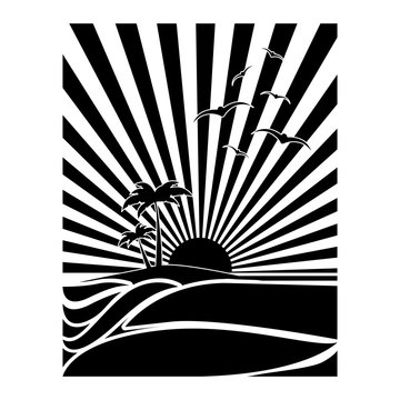 black and white tropical sunset icon image vector illustration design