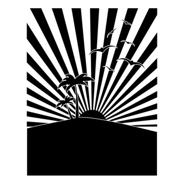 black and white tropical sunset icon image vector illustration design