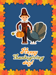 Boy turkey pumpkin. Happy thanksgiving day card with child leafs and congratulation lettering. Vector illustration family holiday.