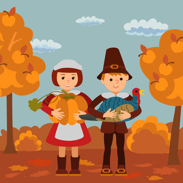 Thanksgiving day children pumpkin and turkey vector illustration. Boy girl in traditional clothes template.