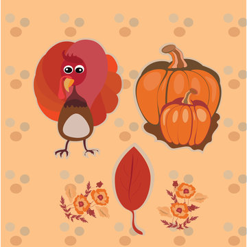 Happy Thanksgiving Day background design with holiday sticker objects. Cute pumpkin and turkey