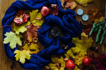 Pine cone and blue scarf and autumn leaves