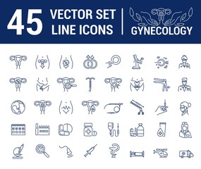 Vector set of icons. Gynecology, gynecological problem and disease. A symbol, sign, element, emblem, icon. The concept of the logo in a linear and flat style.
