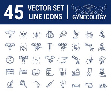 Vector set of icons. Gynecology, gynecological problem and disease. A symbol, sign, element, emblem, icon. The concept of the logo in a linear and flat style.
