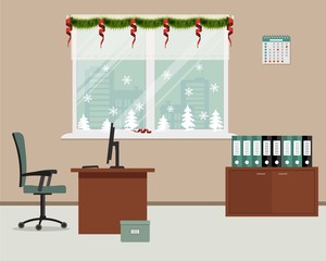 New Year in the office. Window, decorated with Christmas decoration. There is a workplace for office worker in the picture. There is a table, a chair, computer and other objects on a window background