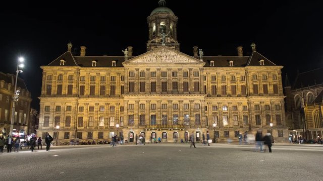 Time Lapse - Royal Palace at Night Dam Square Amsterdam Netherlands