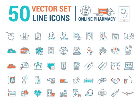 Vector graphic set. Silhouette, logo, icon. Online pharmacy, Internet drug store.Medical equipment in linear, flat, contour, thin design. App, Web site template, infographic.