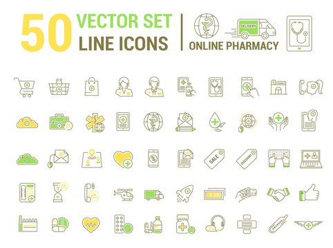 Vector graphic set. Silhouette, logo, icon. Online pharmacy, Internet drug store.Medical equipment in linear, flat, contour, thin design. App, Web site template, infographic.