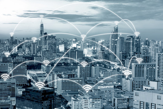 Wifi icon and Bangkok city with network connection concept,