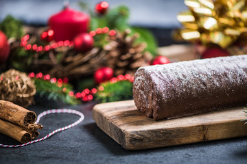 Christmas chocolate cake and decorated table