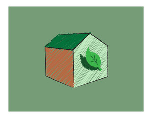 Vector sketch of a house with leaves with a green background