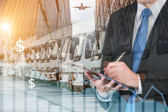 Double exposure of businessman is booking trade