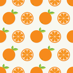 Orange fruit set with leaf in a row. Cut half Healthy lifestyle food. Seamless Pattern White background. Flat design.