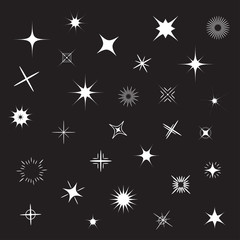 Stars Sparkles white symbol set Black background. Flat design.