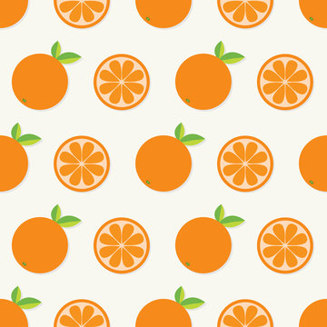 Orange fruit set with leaf in a row. Cut half Healthy lifestyle food. Seamless Pattern White background. Flat design.