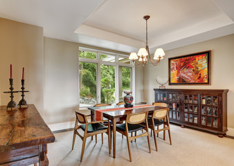 Enclosed dining room interior with retro details