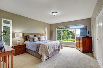 Elegant bedroom interior with soft blue bed